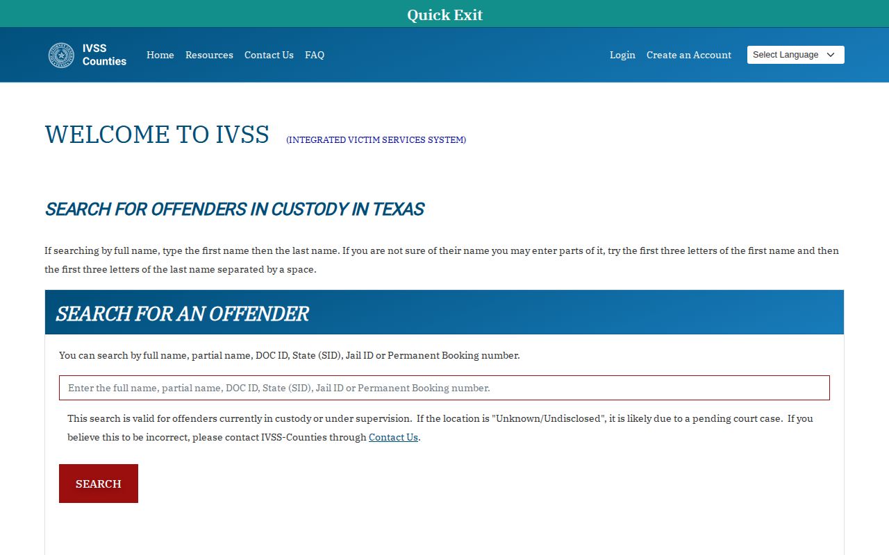 Hall County current custody status search through Texas IVSS