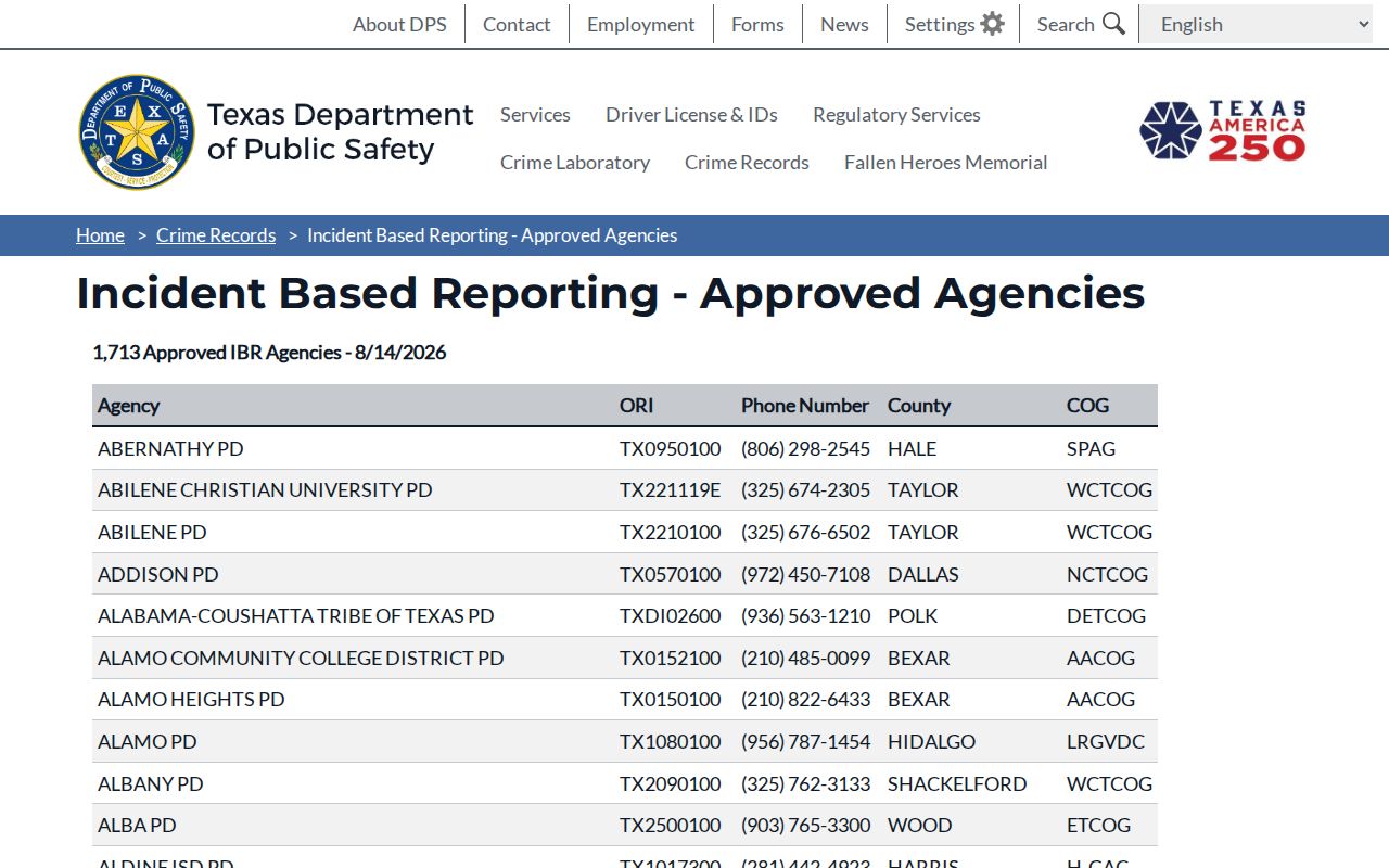 Hall County Estelline arrest-record agency listing on Texas DPS